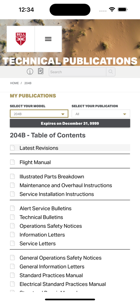 Bell TechPubs - Tabla de contenido que muestra manuales técnicos para el modelo de helicóptero 204B en la aplicación Bell TechPubs