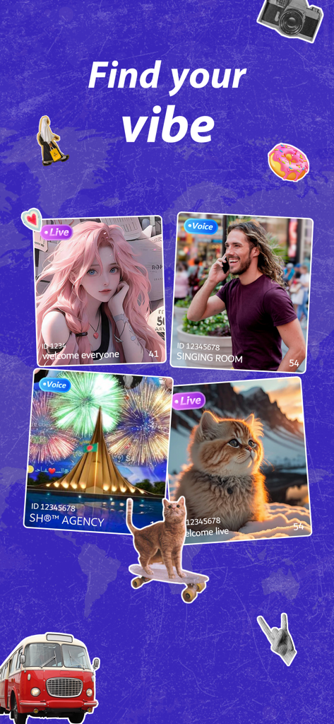 Migo Live 앱의 다양한 라이브 음성 및 영상 채팅방을 보여주는 몽타주와 함께 'find your vibe'라는 텍스트가 표시됩니다.
