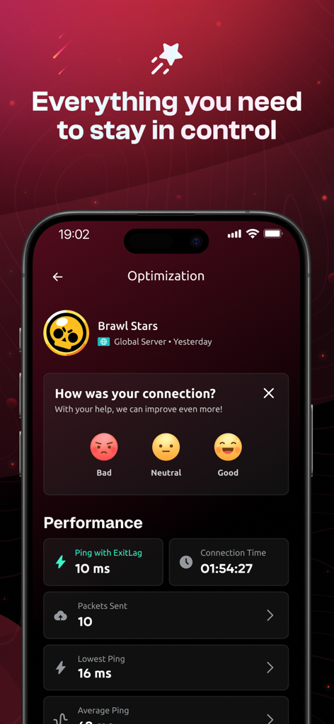 ExitLag app performance dashboard showing low ping and connection statistics for mobile gaming.