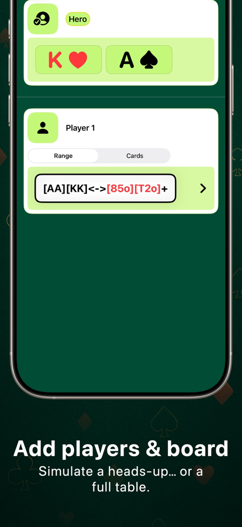 Poker Odds – Simulator - Interface de l'application Poker Odds Simulator montrant la sélection de la main du héros et la saisie de la gamme d'adversaires pour une simulation de Texas Hold'em