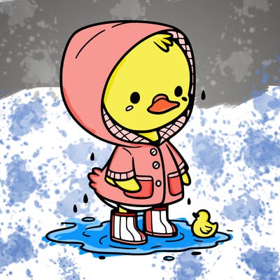 baby duck in a rain coat and boots, in a puddle while it’s raining