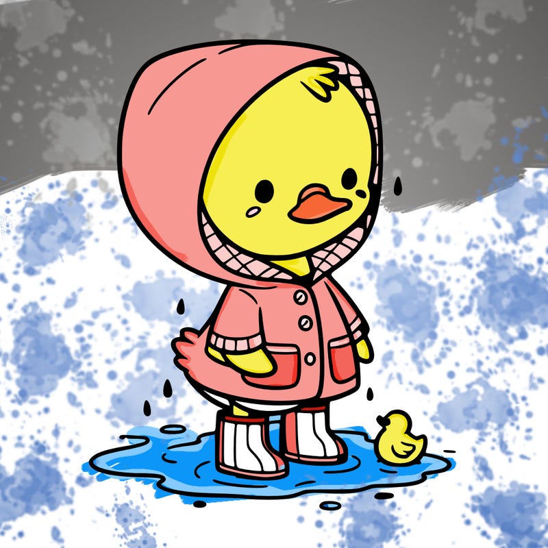 baby duck in a rain coat and boots, in a puddle while it’s raining