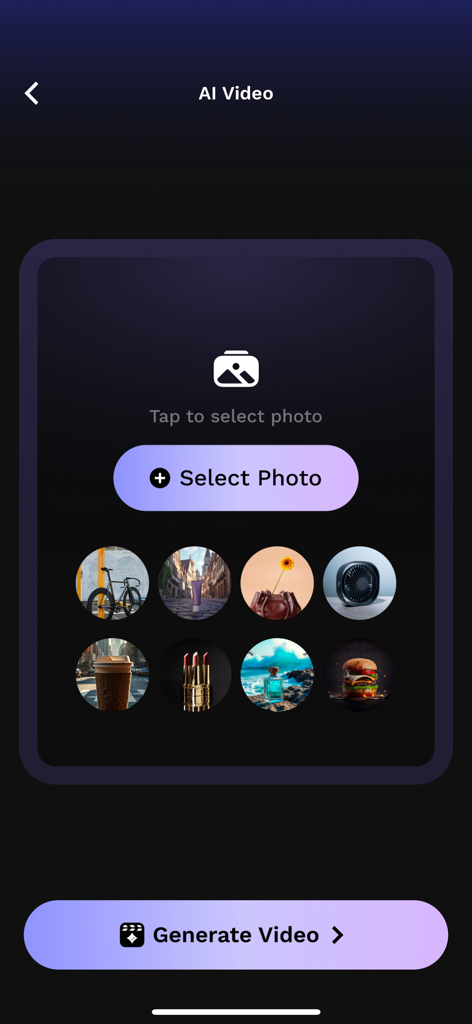 CGI Video Ads Maker - VFX Ads - 写真からVFX商品広告を作成するためのCGI動画広告メーカーアプリのAI動画生成インターフェース
