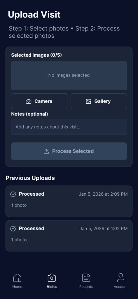 Fhola - Interface da aplicação Fhola mostrando o ecrã de carregamento de visitas com opções para digitalizar ou carregar registos médicos