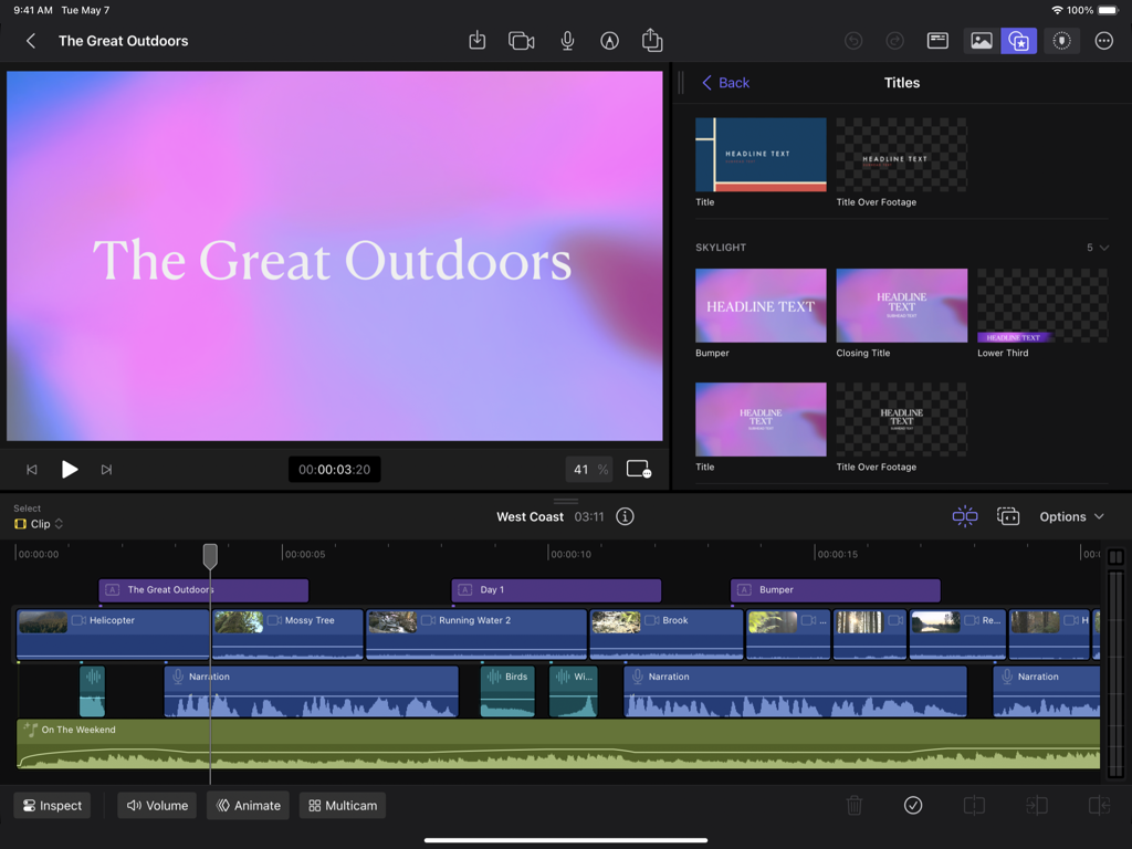Professional video editing interface on iPad showing a magnetic timeline and title library