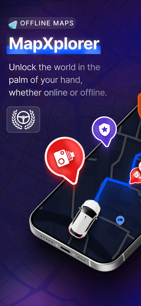 MapXplorer: Map Radar Navigate - Smartphone screen displaying MapXplorer offline maps and radar navigation features.