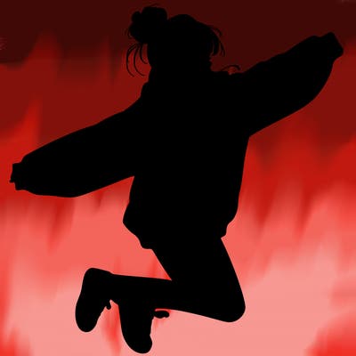 realistic girl jumping with a bun and oversized sweatshirt