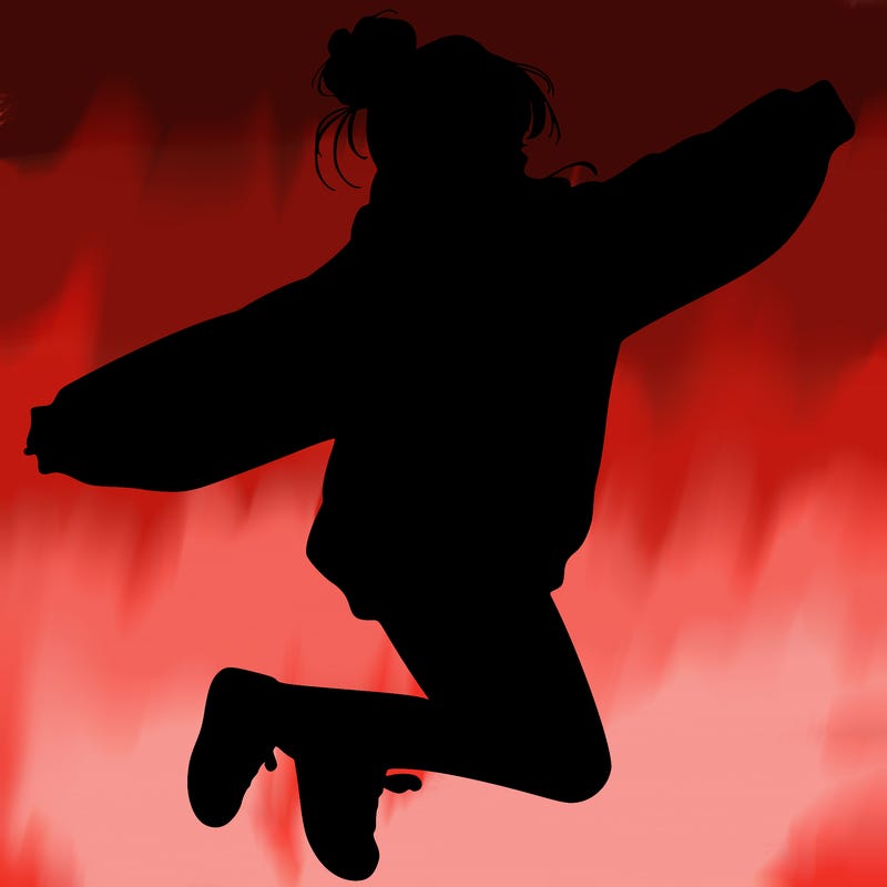realistic girl jumping with a bun and oversized sweatshirt