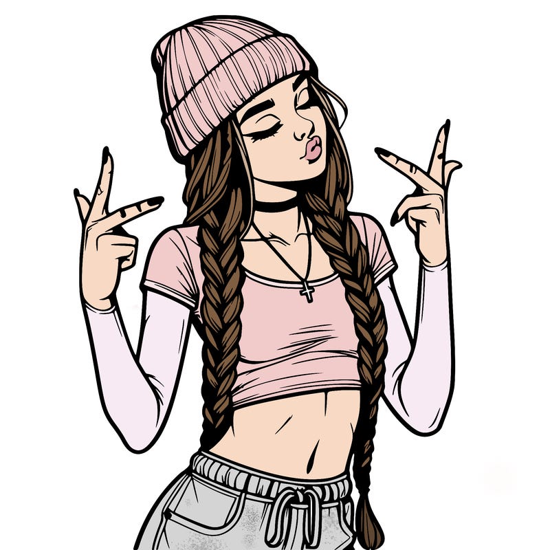 realistic teenage girl with braids and a beanie and crop top doing 🫶🏼