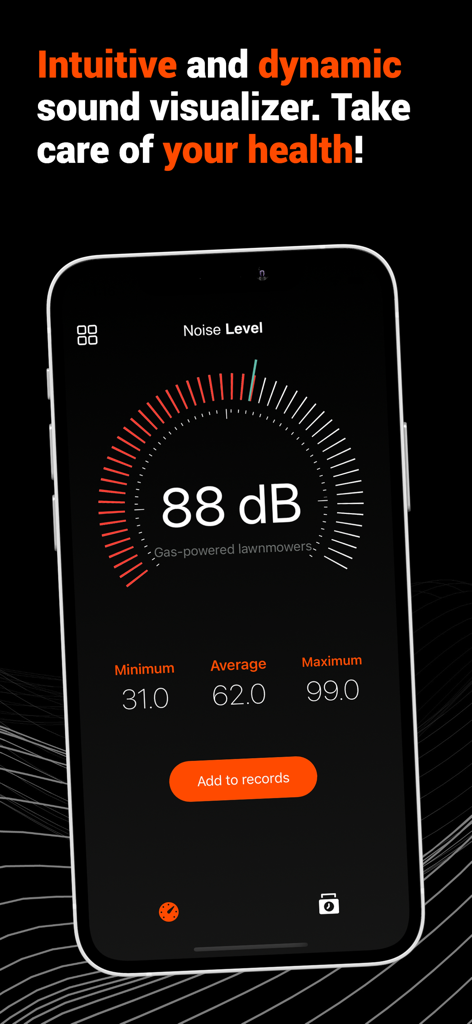 Noise Level: dB tracker - A smartphone showing the Noise Level dB tracker app interface with a circular gauge reading 88 decibels.