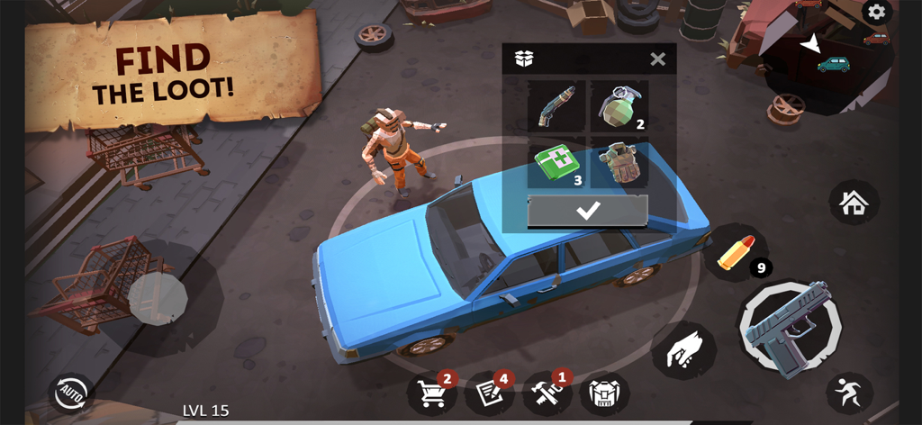 Last Survivor: Zombie Survival - A character scavenges for rare items like weapons and medkits from a blue car in Last Survivor Zombie Survival.