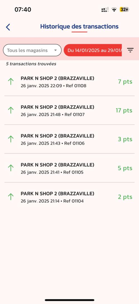 Park n Shopアプリの画面、ブラザビルでの購入による取引履歴と獲得したロイヤルティポイントを表示