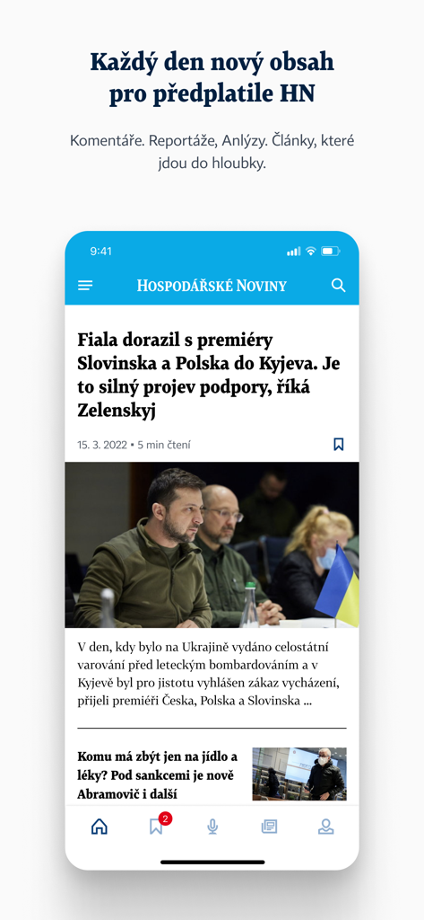 HN - Hospodarske noviny app interface displaying a Czech news article about international politics
