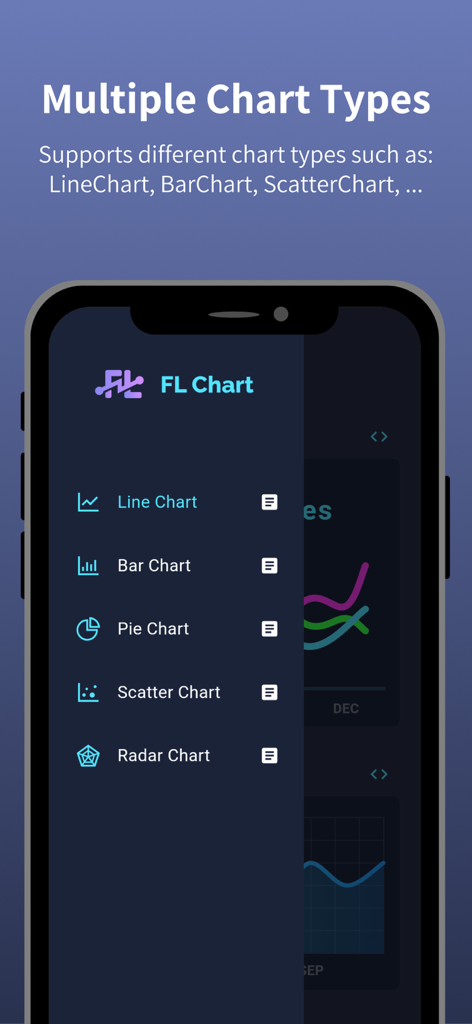 FL Chart - FL Chart app menu showing various chart types including line bar and pie charts