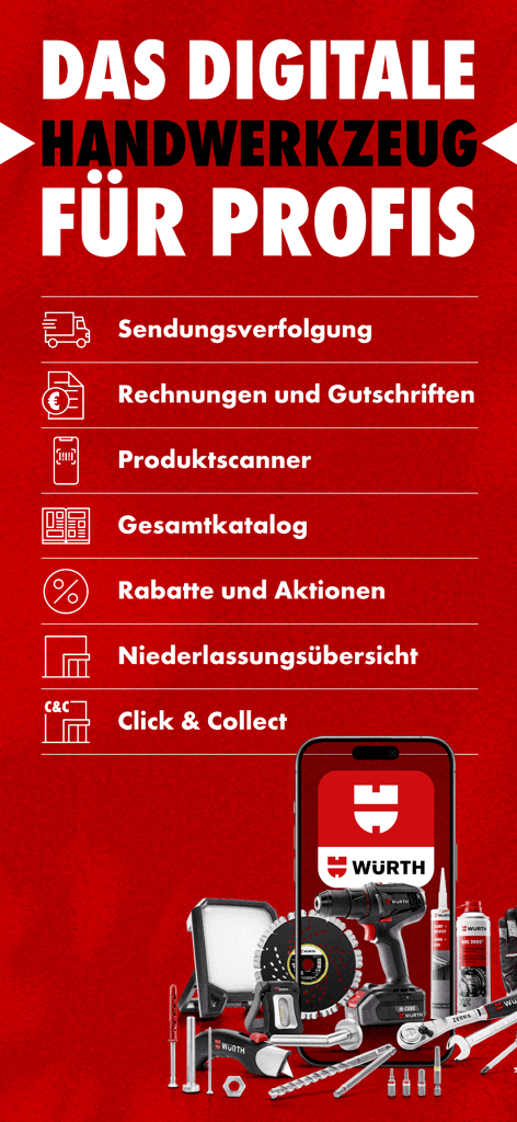 Marketing banner for the Wurth mobile app showcasing professional tools and digital services such as product scanner and click and collect