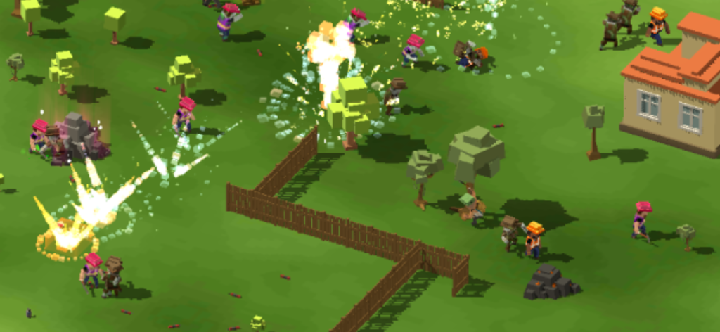 Top down voxel gameplay of a zombie survival simulator with explosions and base building