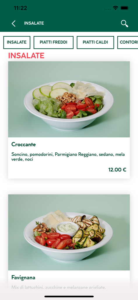 Mobile app menu showing gourmet salad options with fresh ingredients and prices