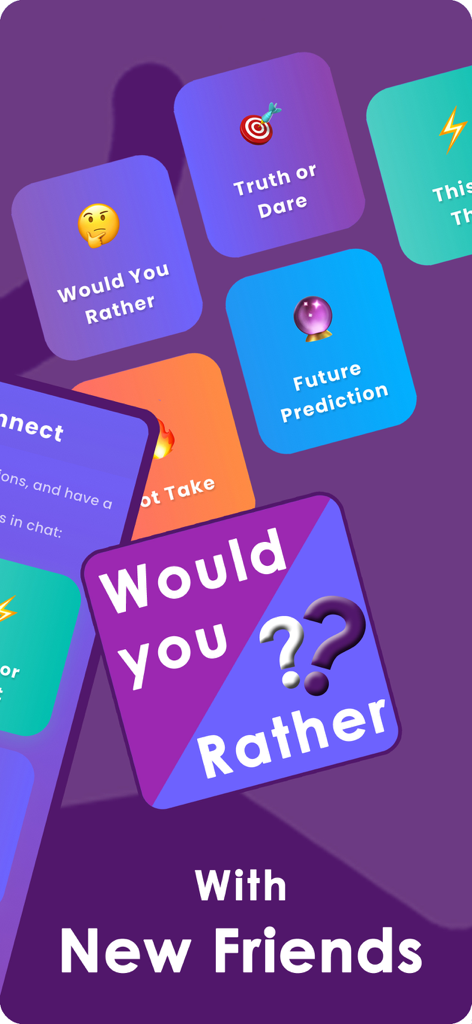 AfterMatch - Make Friends - 새로운 친구를 사귀는 데 도움이 되는 'Would You Rather' 및 'Truth or Dare'와 같은 소셜 아이스브레이커 게임을 보여주는 다채로운 타일