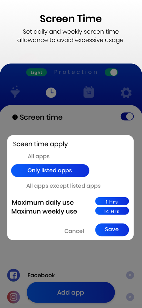 Parental Control Netspark - Screen time management interface for setting daily and weekly device usage limits in the Netspark app