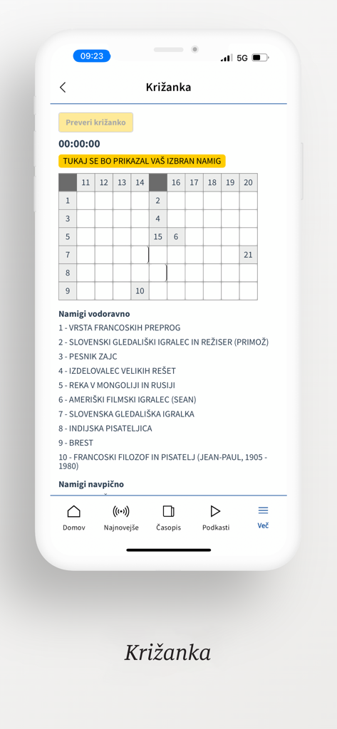 Pantalla de crucigrama en la aplicación de noticias eslovena Delo