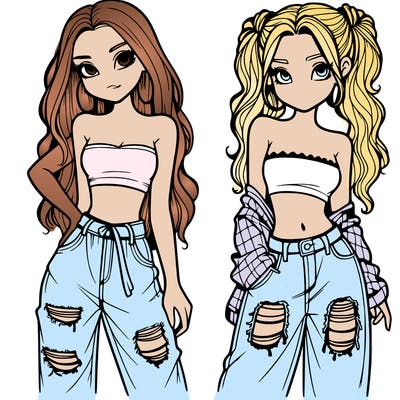 2 girls in crop tops and baggy jeans ripped
