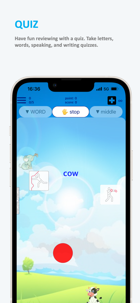 Screenshot of a Hebrew vocabulary quiz in the Emme Hebrew app featuring a cartoon cow and visual association game