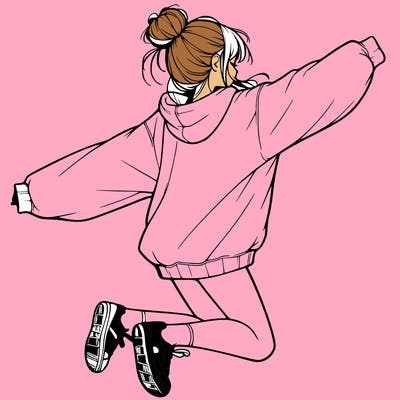 realistic girl jumping with a bun and oversized sweatshirt