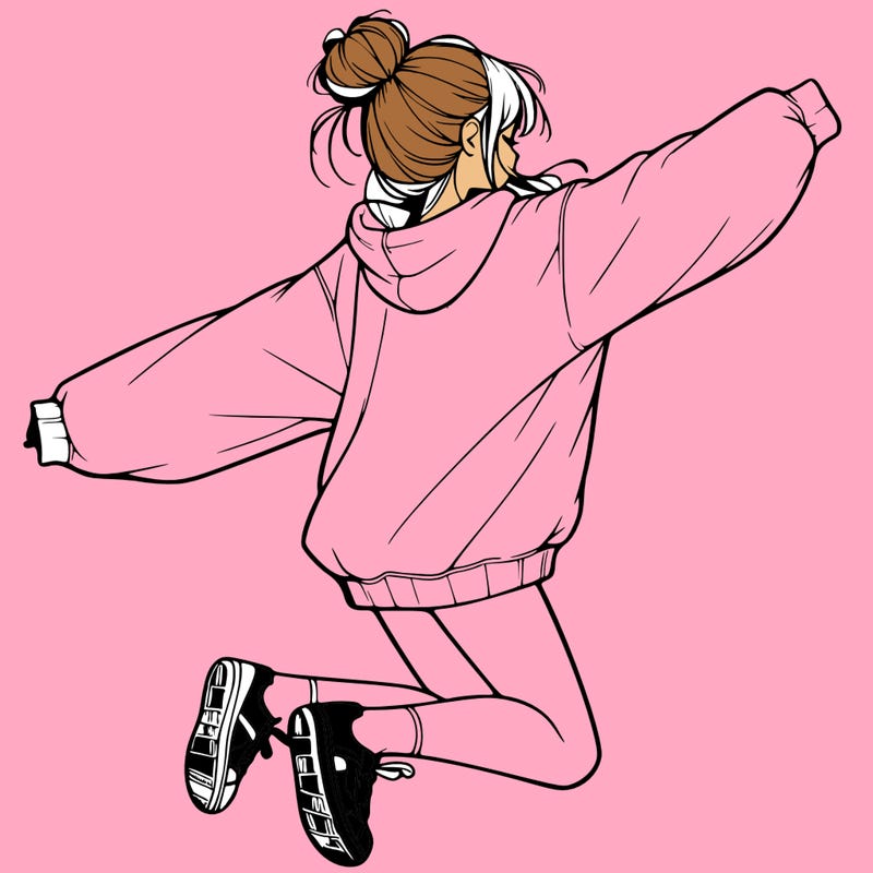 realistic girl jumping with a bun and oversized sweatshirt