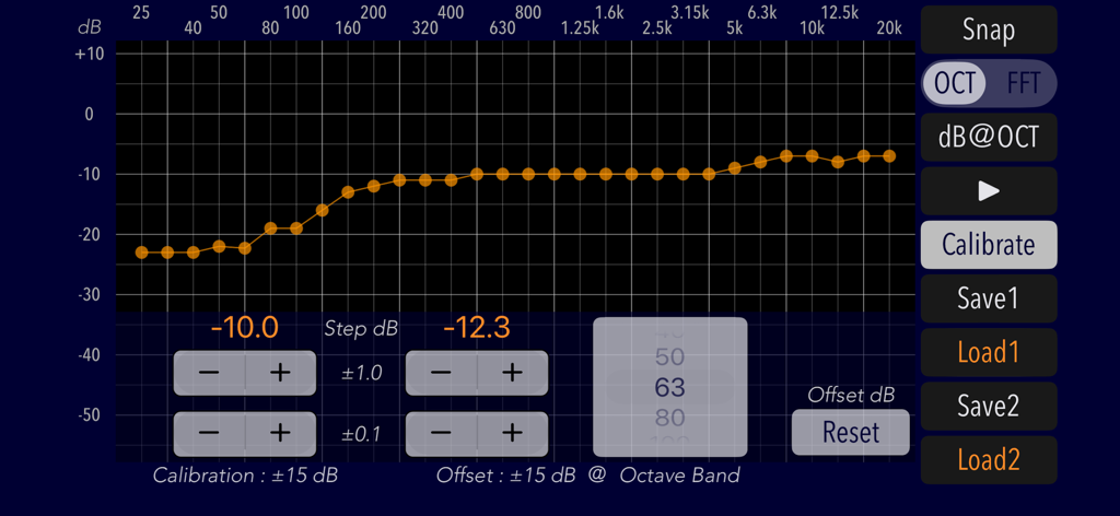Audio Frequency Analyzer - The calibration interface of the Audio Frequency Analyzer app showing frequency response graph and manual offset controls