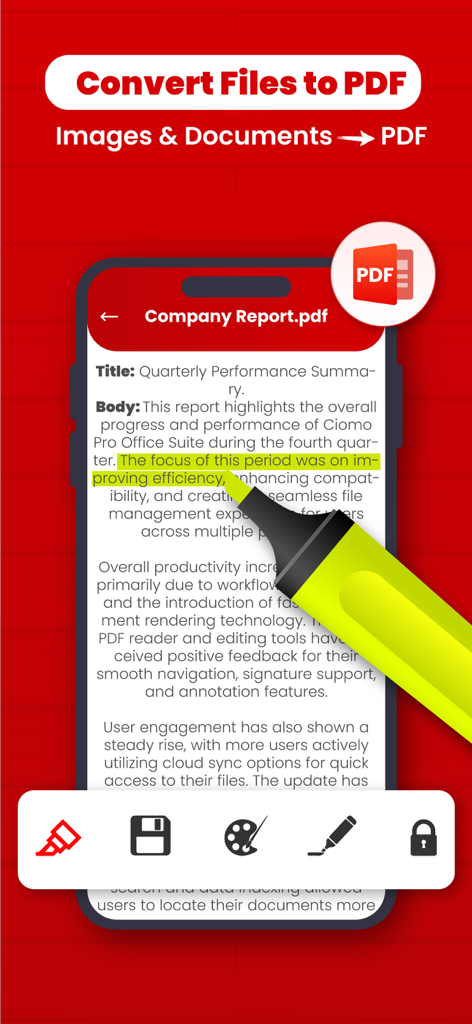 All PDF Reader - PDF Viewer - Pantalla de iPhone mostrando un informe empresarial en PDF con resaltado de texto y herramientas de conversión de documentos.