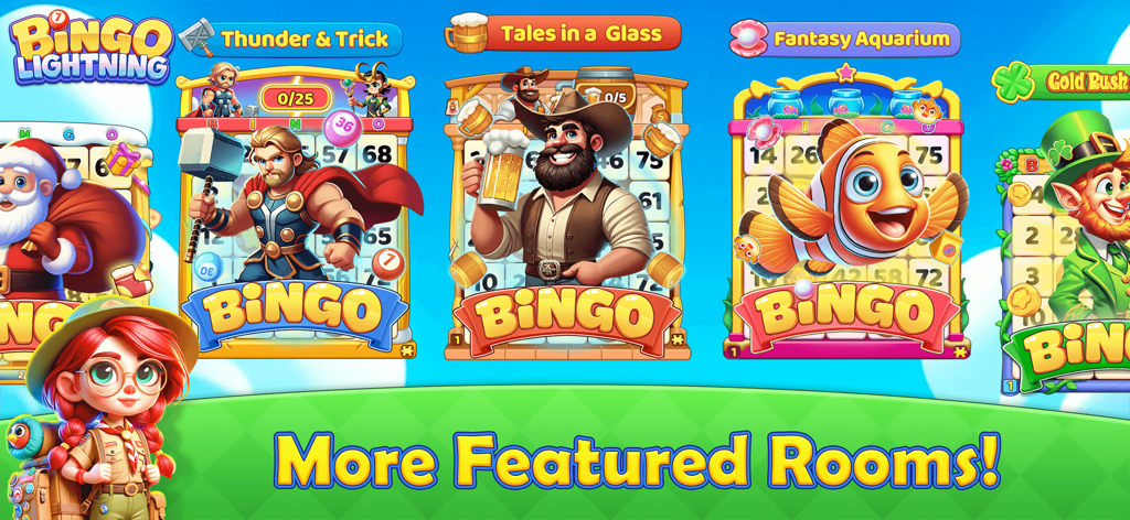 Bingo Lightning - Una exhibición de diversas salas de bingo temáticas en Bingo Lightning, incluyendo Taberna Vikinga y Acuario.