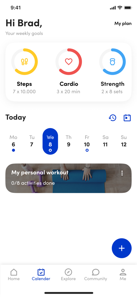 Let’s Go App - Let's Go Fitness app dashboard showing weekly goals and workout calendar
