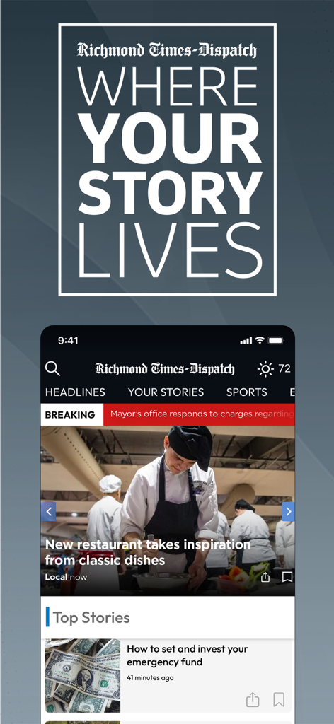 Richmond Times-Dispatch news app interface showing local headlines and breaking news updates.