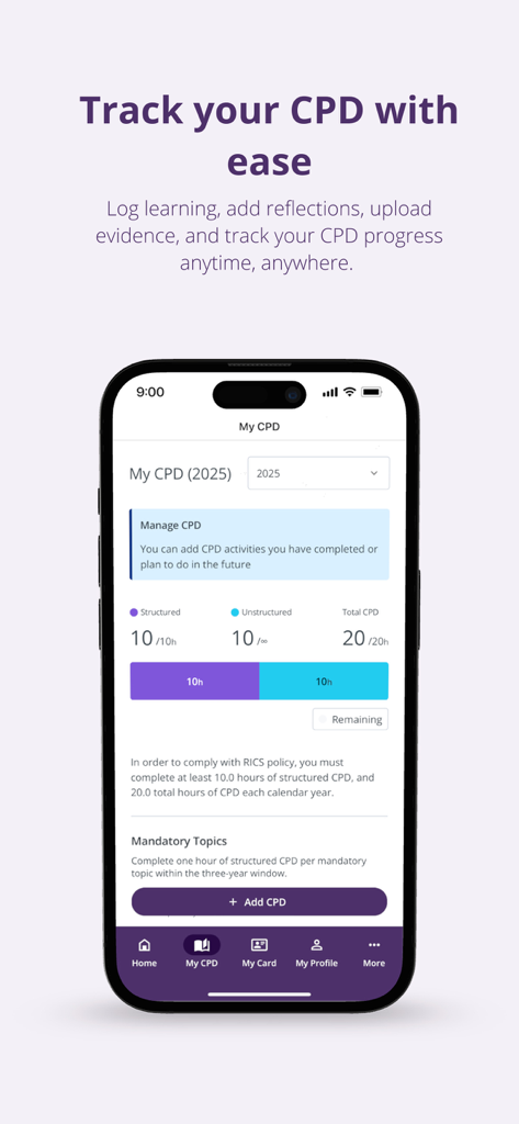 RICS Member App interface showing CPD tracking progress for structured and unstructured hours.