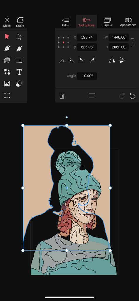 Vector Q by Imaengine - Vector Q app interface showing a stylized vector illustration of a person being edited with professional design tools