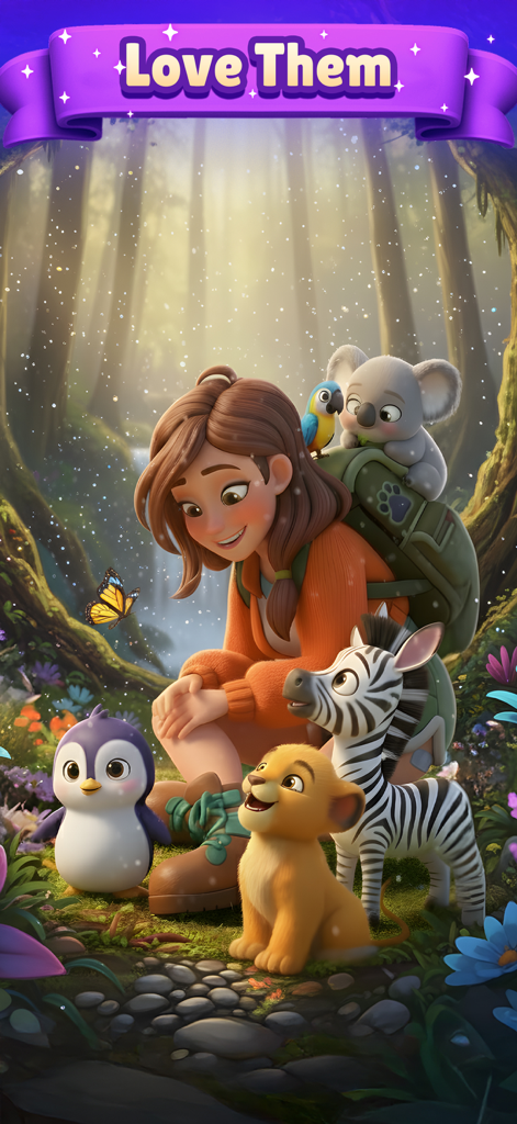 A young woman smiling at a group of baby animals including a lion cub and zebra in a sunlit forest