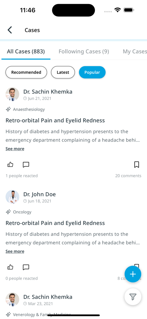 HCP Space - Pantalla de la aplicación móvil HCP Space mostrando un feed de casos clínicos compartidos por médicos verificados para discusión y aprendizaje profesional.