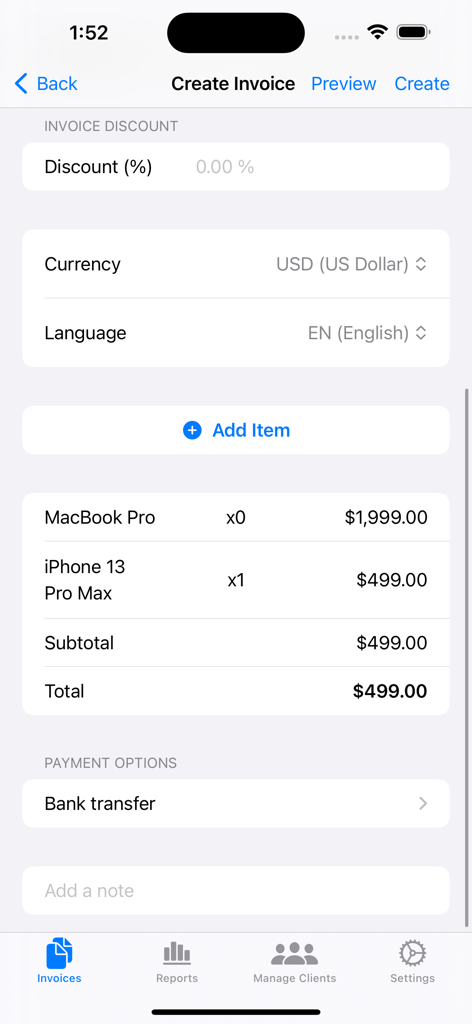 明細項目と合計金額が表示された請求書作成プロセスを示すモバイルアプリインターフェース