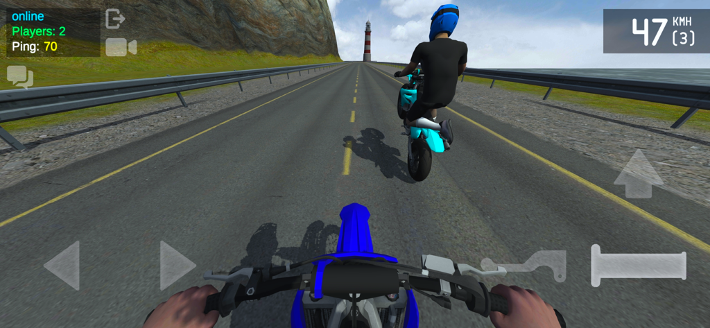 First person view of a motorcycle stunt in Wheelie Life 2 online mode with another player doing a wheelie