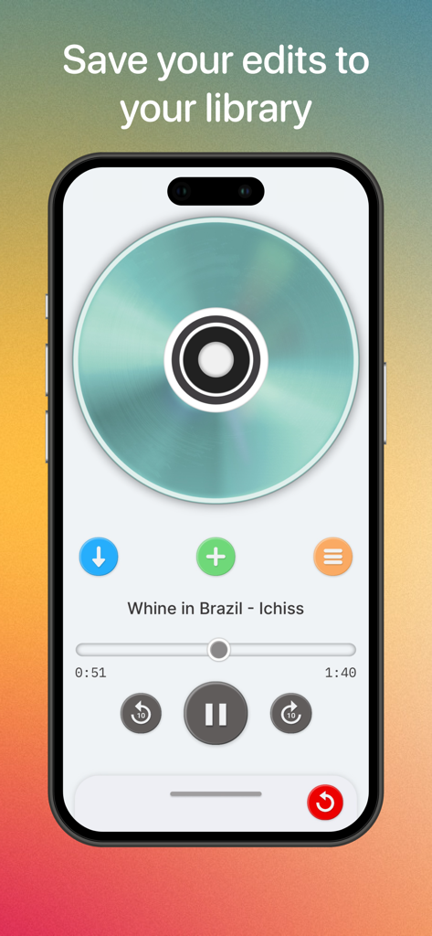 Alinea Music - Interfaz de la aplicación Alinea Music en iPhone mostrando un reproductor de música con CD giratorio y un texto para guardar ediciones en la biblioteca
