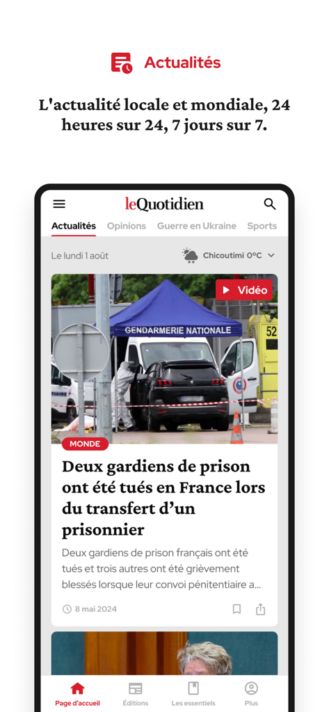 Le Quotidien - Interface de l'application d'actualités Le Quotidien affichant les gros titres locaux et mondiaux en français.