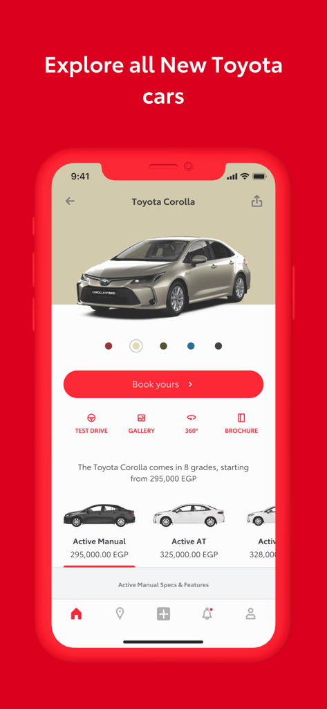 My Toyota EG - Toyota Corolla model page in the My Toyota EG app showing car specifications and pricing.