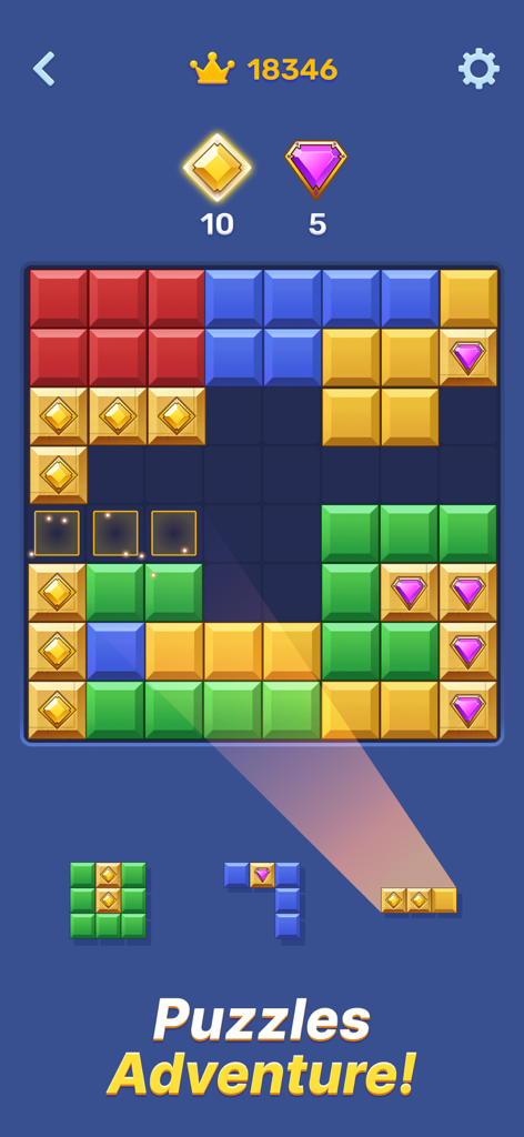 Block-Tok: Puzzle Game - Ein Screenshot des Block-Tok Puzzle-Spiels, der ein buntes Blockgitter mit Edelsteinen zeigt