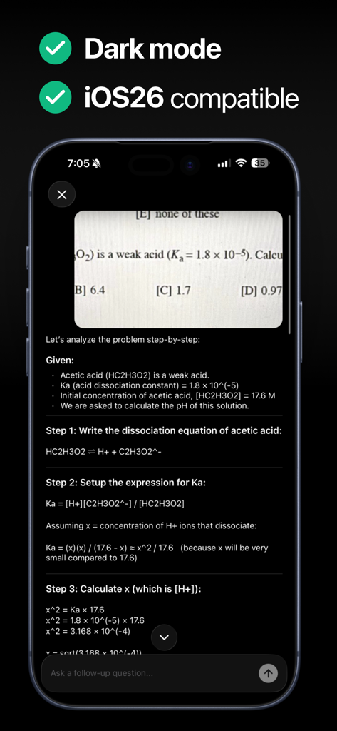 Science AI app interface showing a step by step chemistry solution in dark mode