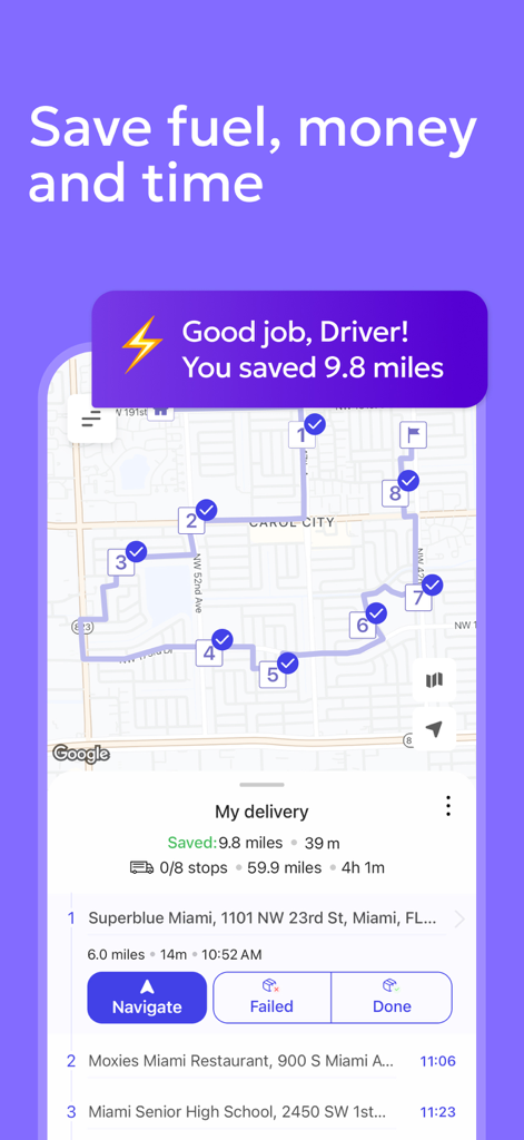 Optiway-App zeigt eine optimierte Lieferroute mit mehreren Stopps und Kilometerersparnis