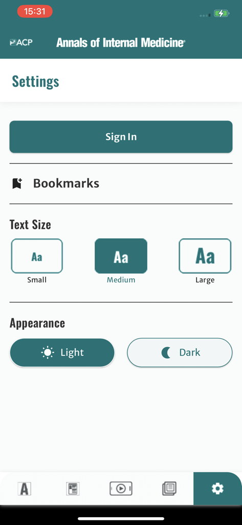 Settings screen of the Annals of Internal Medicine app showing options for sign in, text size, and appearance mode.