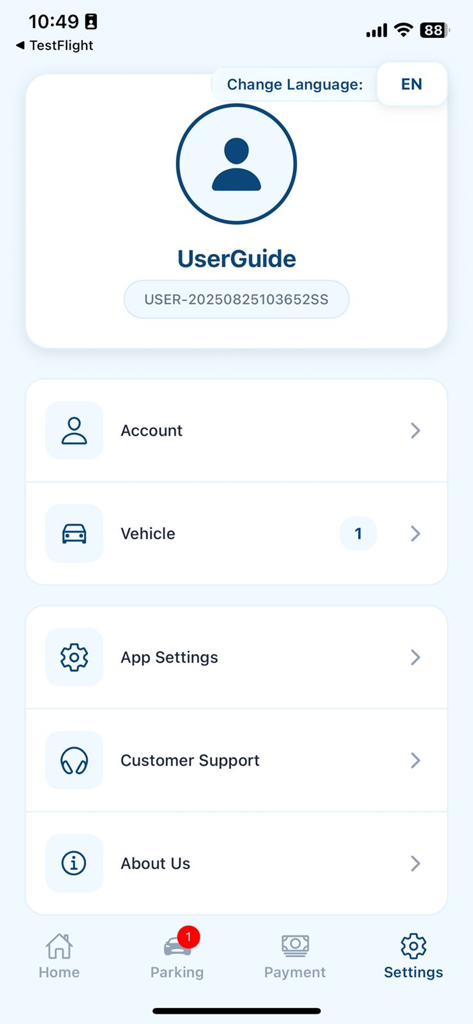 PINTAR Smart Parking App - Settings interface of the PINTAR Smart Parking App showing user profile, account management, and vehicle settings.
