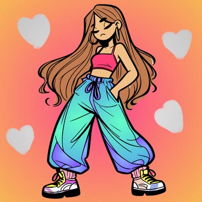 girl in baggy pants crop top and long hair