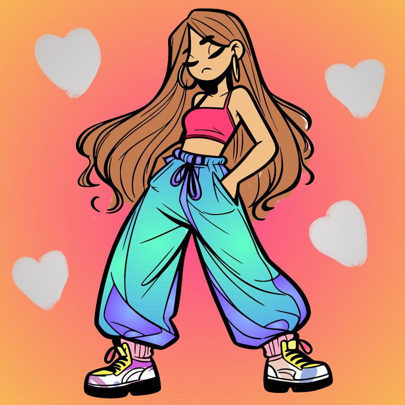 girl in baggy pants crop top and long hair