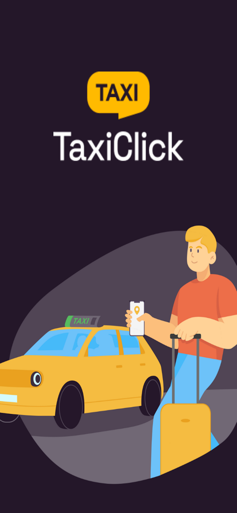 TaxiClick - Ilustração de um viajante com uma mala reservando um táxi amarelo usando o aplicativo móvel TaxiClick